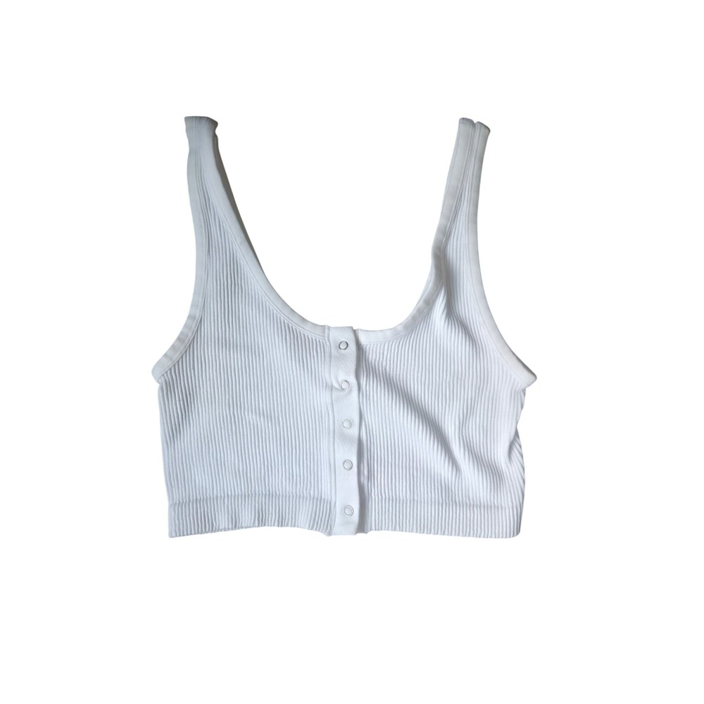 Aerie Womens XL White Ribbed Snap Front Scoop Neck Sleeveless Crop Top Tank